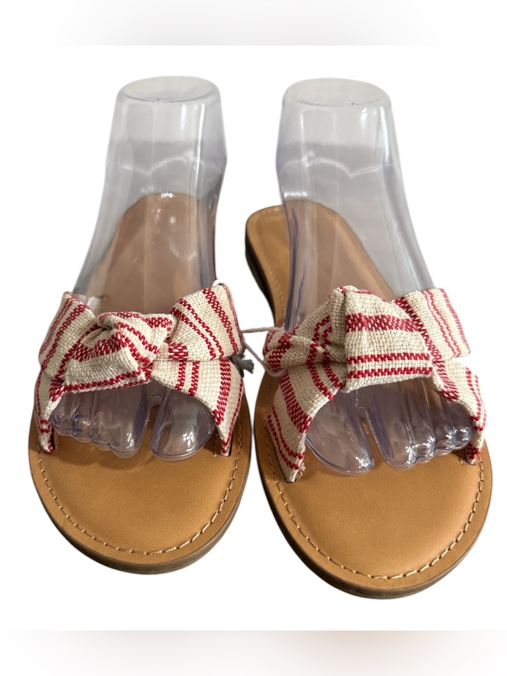 American Eagle Outfitters Red and Cream Striped Bow Slide Sandals Women 8